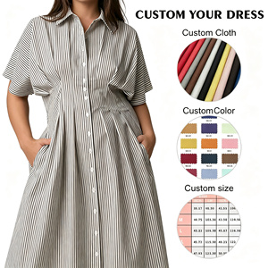 Vestido midi a rayas para mujer con cuello camisero, botones, cintura fruncida, corte en A, estilo casual y holgado, vestido de verano, talla personalizada OEM - Product Image 2
