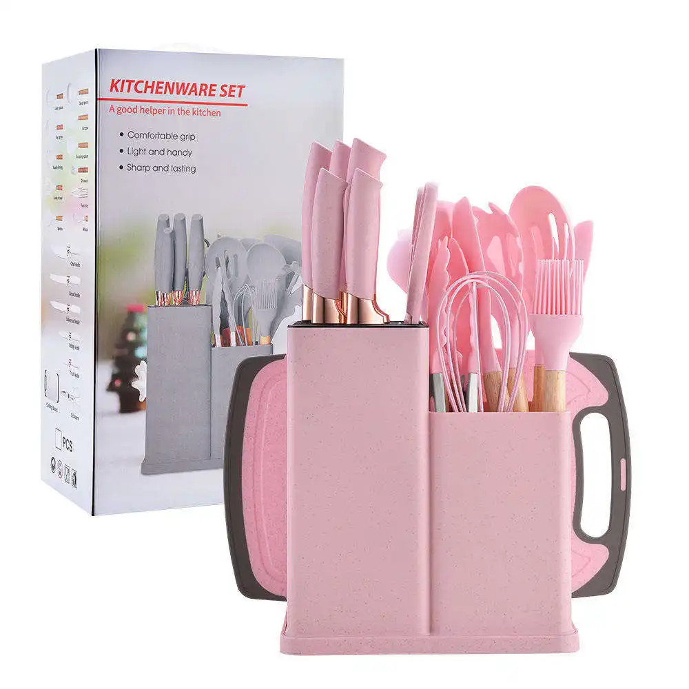 2024 Newest 19 Piece Set Of Silicone Kitchen Utensil Set With Wooden Handle And Cuttings Board Storage Bucket Kitchen Gadget Set
