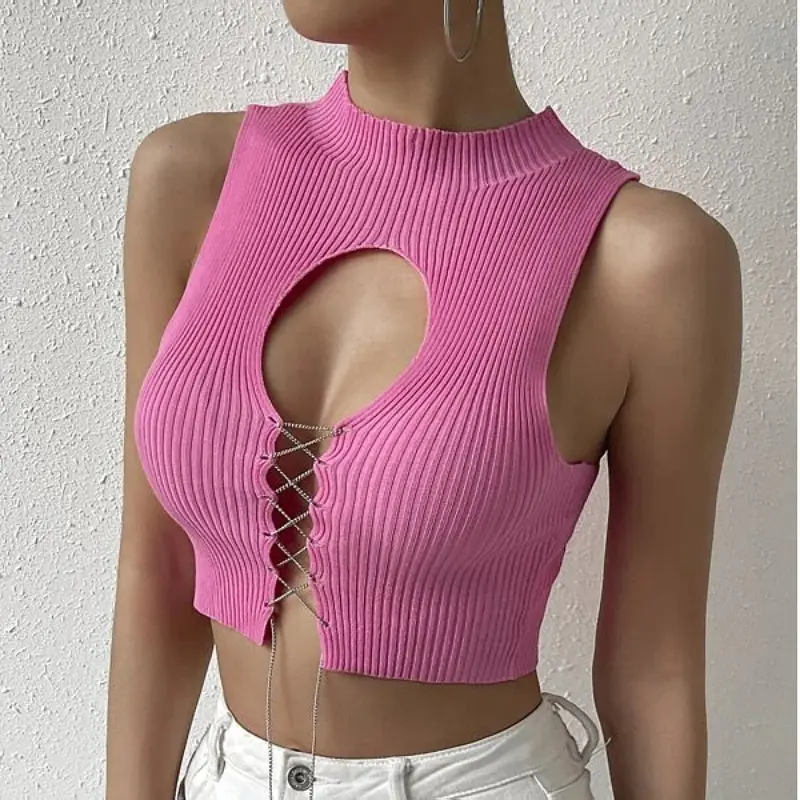 Wholesale summer sleeveless knitted pink crop tank top sexy tops for women 2024