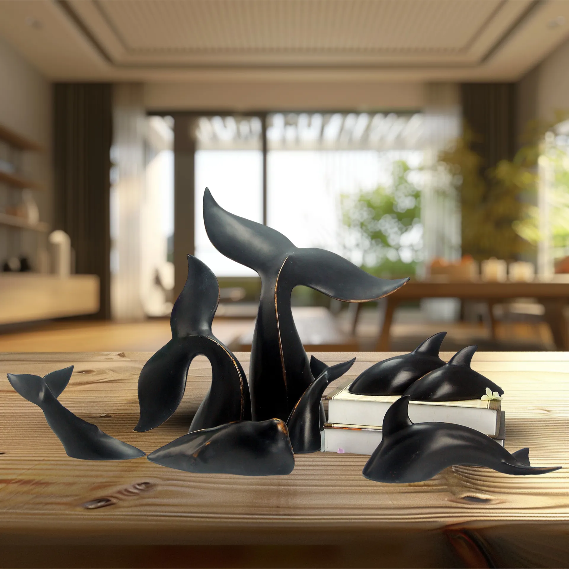卸売業者カスタムカラー樹脂シロナガスクジラフィッシュテールオーシャンコレクション卓上クラフト装飾用3D彫刻