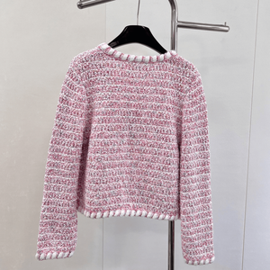 Cárdigan de Punto Tweed Rosa para Mujer con Ribete Blanco, Manga Larga, Chaqueta Elegante Informal - Product Image 2