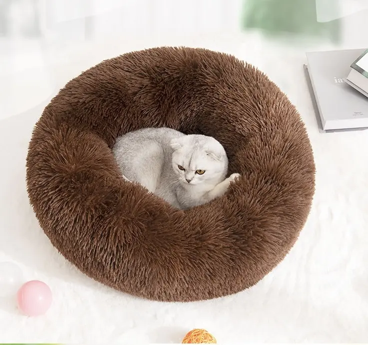 Tempat Tidur Kucing Berbulu Ultra Lembut, Tempat Tidur Anjing Mewah Bisa Dicuci Bulu Bundar Ramah Lingkungan 60Cm