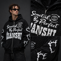 Hoodie Unisex Oversize 550 GSM Berat 100% Katun OEM Resleting Cetak Grafis Bintang Berhias Rhinestone Hip Hop Streetwear