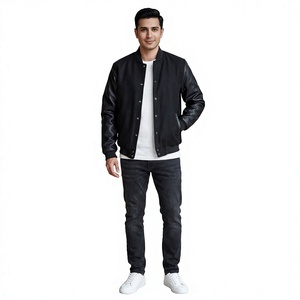 Blouson universitaire noir en maille 100 % coton respirant pour homme et unisexe, style baseball, design entièrement noir, avec option de manches à bordure côtelée - Product Image 1