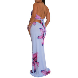 Conjunto de falda larga y top corto sin espalda para mujer, conjunto de 2 piezas con estampado floral para discoteca, playa o fiesta - Product Image 2