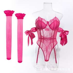 "Unforgettable Nighttime Lingerie: Pure and Desire Rose Red Bodysuit, Sexy Strappy Uniform, Lace Small Bust Underwire Set" - Product Image 1