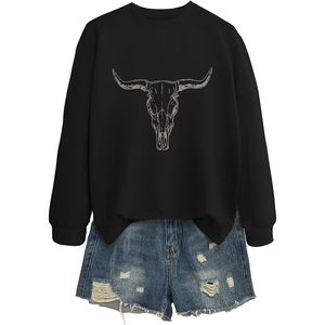 Sudadera con estampado de cráneo de vaca para mujer, diseño de toro occidental, jersey informal ligero de punto de manga larga - Product Image 1