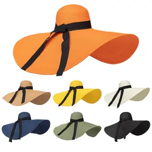 Chapéus de palha de aba larga com fita para mulheres chapéu de aba larga com design personalizado