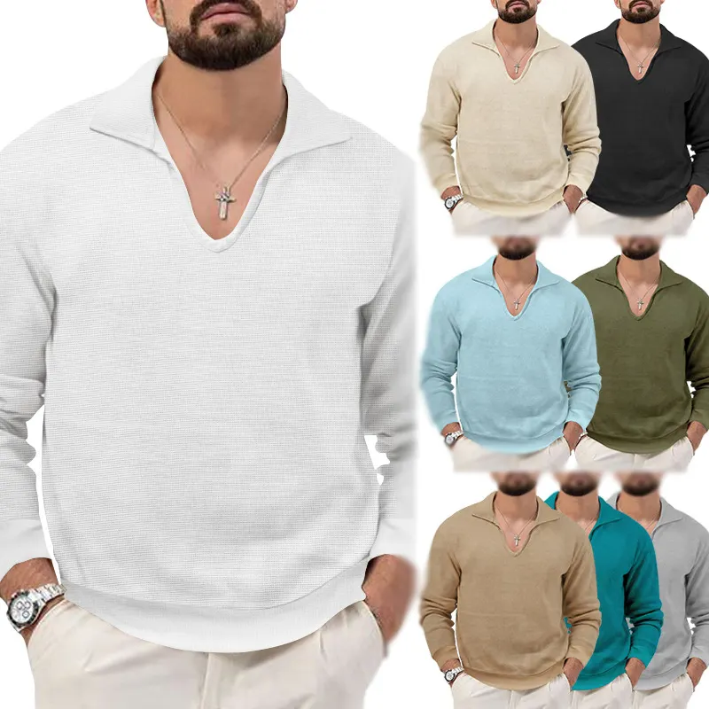 T-shirt di alta qualità con scollo a v in cotone plain per gli uomini lino in lino in tinta unita a maglia t-shirt abbigliamento a maniche lunghe