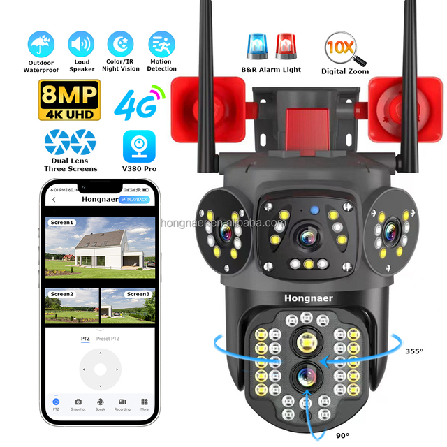 Hongnaer 8MP Outdoor 3 Video Wireless Surveil PTZ IP Camera V380 Pro Dual Lens 4G Sim Card 4K Home CCTV Security Network Camera