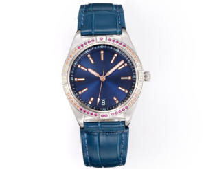 Montre de luxe élégante avec logo OEM, cadran 36 mm, bracelet en cuir et acier inoxydable, étanche, lunette sertie de diamants colorés - Product Image 1