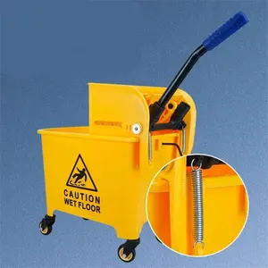 Plastic Yellow 20L 24L Down Press Single Bucket Mop Wringer Cleaning Cart With Wheels For Hospital Hotel And Restaturant