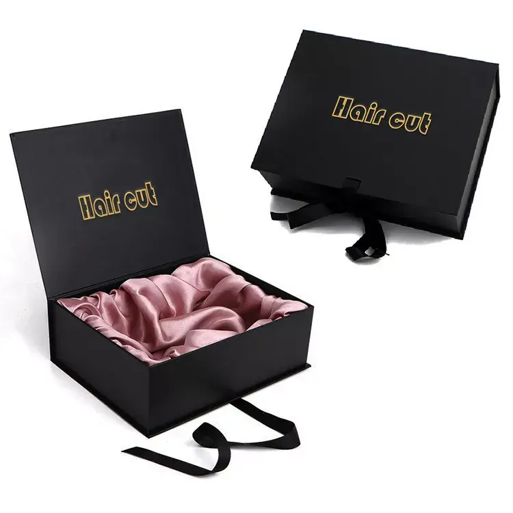 Роскошный Черный удлинитель волос с принтом логотипа на заказ, оптовая продажа, картонный Магнитный парик, подарочная упаковка, бумажная коробка для косичек