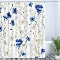Rideau de douche moderne bleu floral aquarelle avec anneaux, en tissu polyester, imperméable et résistant à la moisissure
