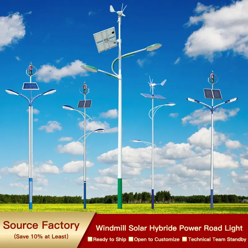 Lampu Jalan hibrida LED angin tenaga surya Split lengan ganda 100W 200W 300W 400W tahan air luar ruangan OEM kustomisasi