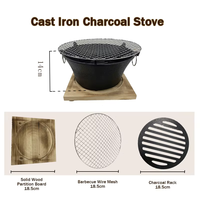 Barbecue au charbon de bois multifonctionnel en fonte IKW - Poêle à barbecue de table portable avec base en bois massif pour le camping, les pique-niques, la cuisson à domicile
