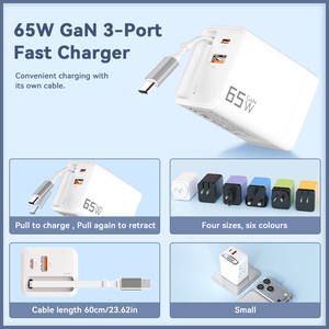 <span class=keywords><strong>Chargeur</strong></span> mural rapide 65W avec câble Type-C rétractable intégré, prise UK/US/WU/AU pour Xiaomi <span class=keywords><strong>iPhone</strong></span> Samsung Huawei Android en vente - Product Image 2