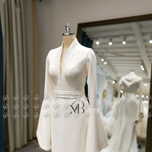 Mily Bridal QD06005 Long Sleeve V-neckline Zipper Back Bride Maids Simple <strong>Plain</strong> <strong>Gowns</strong> for Bride Wedding <strong>Gown</strong> Floor Length - Product Image 6
