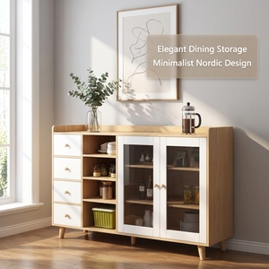 Meuble de salon multifonctionnel en <span class=keywords><strong>bois</strong></span> massif avec portes en verre <span class=keywords><strong>et</strong></span> étagères ouvertes |   Meubles d'appartement peu encombrants grande capacité - Product Image 2