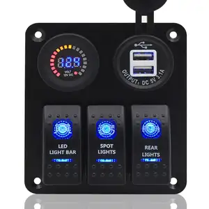 3 Gang Aluminum Rocker Switch Panel - 5 Pin ON Off Toggle Switch with Blue LED Backlit Digital Voltmeter