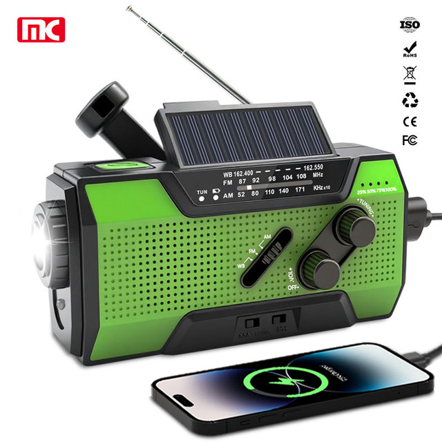 Emergency 2000mAh Battery Hand Crank Solar AM/FM NOAA Radio with Flashlight and Power Bank for Outdoor Use