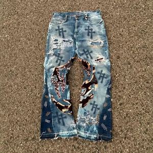 Men's Blue Washed <b>Denim</b> <b>Trousers</b> Distressed Patches Printed Design Straight Style Mid Available Dark Light Colored Wholesale - Product Image 2