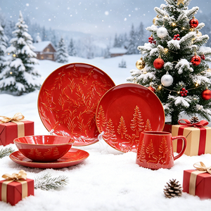 Vaisselle de Noël en grès émaillé au four, 16 pièces : Assiettes plates, Assiettes à salade, Assiettes à soupe, Bols, Assiettes réactives pour <span class=keywords><strong>restaurant</strong></span> - Product Image 1