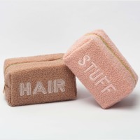Trousses de Maquillage Préppy avec Patchs Lettres, Couleurs Rose Beige, Pochettes Cosmétiques en Peluche Douce de Noël avec Fermeture Éclair, Accessoires pour Cheveux pour Femmes