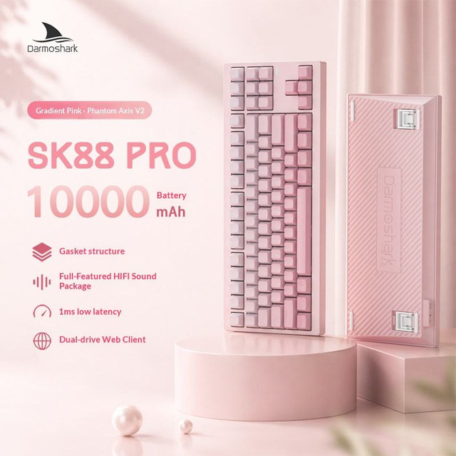 Darmoshark SK88 Pro Tri Mode Gasket Mechanical Keyboard 10000mAh Hot Swappable 625h Battery PBT Keycaps for PC Gaming Office