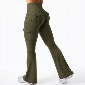 Leggings de yoga évasés taille haute pour femmes, pantalon cargo de sport avec poches discrètes, sans couture avant, en velours, vêtements de sport - Product Image 1
