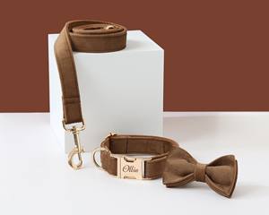 Brown Veet <b>Bow</b> Tie Leash Set, Personalised With Name,Custom Boy Puppy Collar And Lead For Girl Dog - Product Image 4