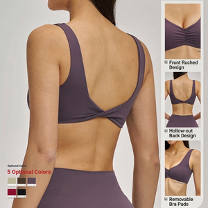 Soutien-gorge de sport SHELL le plus vendu, à faible MOQ, froncé à l'avant, avec coussinets amovibles, <span class=keywords><strong>dos</strong></span> <span class=keywords><strong>nu</strong></span>, décolleté en V profond, séchage rapide, confortable, pour gym et yoga - Product Image 2