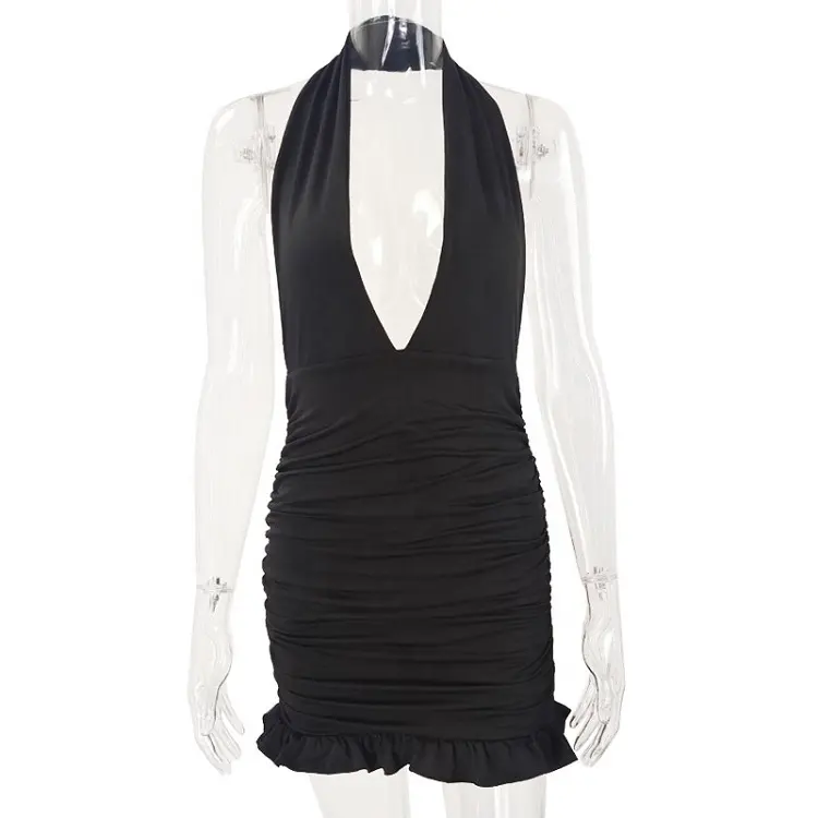 FEON Adavanced Apparel Dresses Black Cut Out Wrap Halter Ruched Mini Dress