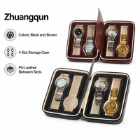 Étui de rangement pour montres en cuir zippé, 4, 2 ou 8 emplacements avec séparateurs de protection et bandes élastiques, marron/noir, étui de voyage
