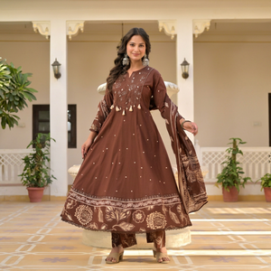 Brown Embroidered Pure Cotton Women Salwar Kameez Mirror Work Set 3/4th Sleeve <b>Kurti</b> & Pant with Dupatta for Party Wedding - Product Image 1