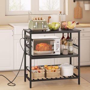 Étagère de cuisine noire SENYU pour micro-ondes avec un grand espace de rangement et des prises de courant intégrées. Comptoir large qui sert également de support à pain - Product Image 1