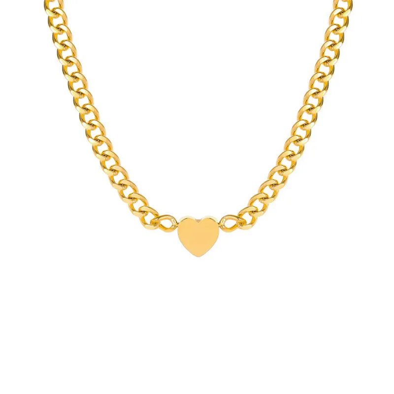 Non-tarnish 18k Gold Plated Necklace Mirror Polished 5mm Gold Miami Cuban Link Chain Heart Pendant Necklace For Women Girls