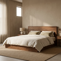 Lit plateforme moderne couleur noyer avec rangement, sommier à lattes en bois et tiroirs de rangement pour chambre à coucher