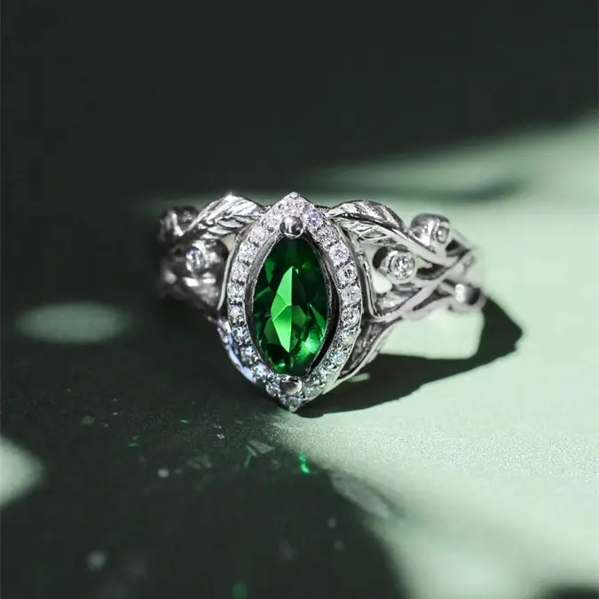 Eternal Jewelry Emerald Marquis Gem Leaf Lines Silver Weave Anillos Women Green Marquis Silver Leaf Rings Vintage Women