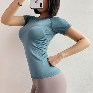 Camisas de manga corta para entrenamiento deportivo y yoga para <span class=keywords><strong>mujer</strong></span> al por mayor, Top corto para gimnasio, ropa deportiva - Product Image 4