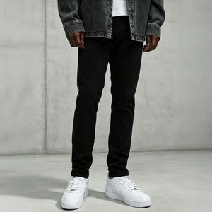 Refined Solid Black Stretch Slim Denim Trousers with Decorative Back Pocket Stitching for Minimalist Street <b>Outfits</b> - Product Image 1