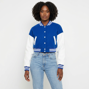 Veste universitaire pour femme, bleu et blanc, manches longues, col boutonné, coupe courte, style automne - Product Image 1