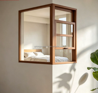 Arched Solid Wood Window Textured Glass Double Sash Frame Timber Window Casement Window for Interior Spaces