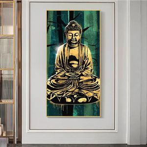 Statua di Buddha Dorata in Meditazione, Dipinto a Olio su Tela, <span class=keywords><strong>Poster</strong></span> con Sfondo Verde, Arte Buddista da <span class=keywords><strong>Parete</strong></span>, Stampa Decorativa per <span class=keywords><strong>Soggiorno</strong></span> - Product Image 4