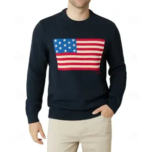 Sweter bendera Amerika pola Jacquard Intarsia rajut biru laut katun lengan panjang leher kru kualitas tinggi
