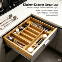 Organisateur de tiroir en bambou moderne et écologique, extensible, avec compartiments ajustables, pour couverts et salle de bain, vente en gros, direct usine