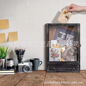 Wooden Flip Top Transparent <b>Display</b> Box With Drawer <b>Wall</b> <b>Mounted</b> Souvenir Storage <b>Cabinet</b> Rectangle Solid Color Covered - Product Image 4