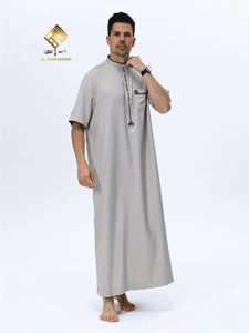 AL HARAMAIN <b>Men</b> <b>Thobe</b> Stand Collar Short Sleeve Floor Length Cotton Prayer Robe Solid Color Modest Middle East Style - Product Image 1
