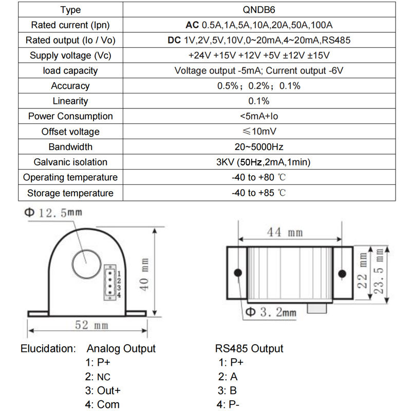 QNDB6 AC DC 1A 5A 10A 20A 30A 50A 100A / RS485 Current Transmitter Hall Effect Current Sensor Transformer Current Transducer