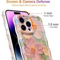 Coque de téléphone élégante en TPU avec motif floral imprimé style peinture à l'huile rétro colorée, finition brillante laser et bord ondulé pour iPhone 13 14 15 16 17